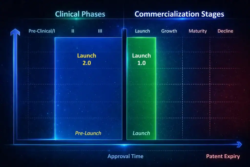 Chart of clinical phases and commercialization stages.